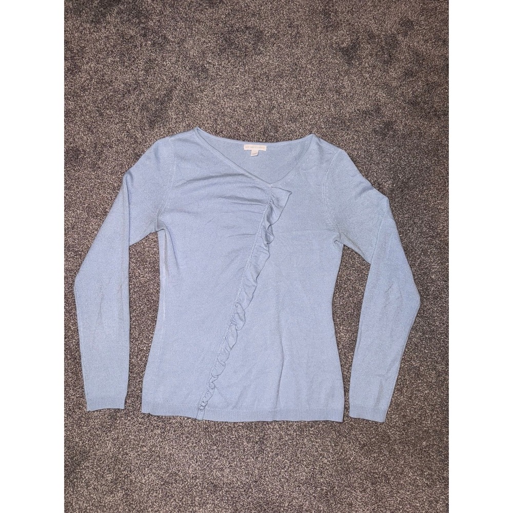New York & Company Women's Light Blue Long Sleeve Ruffle Front Shirt - Small